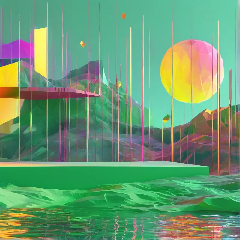 A surreal digital scene displays jagged green peaks and a faceted yellow orb hovering over calm rippling water reflections.