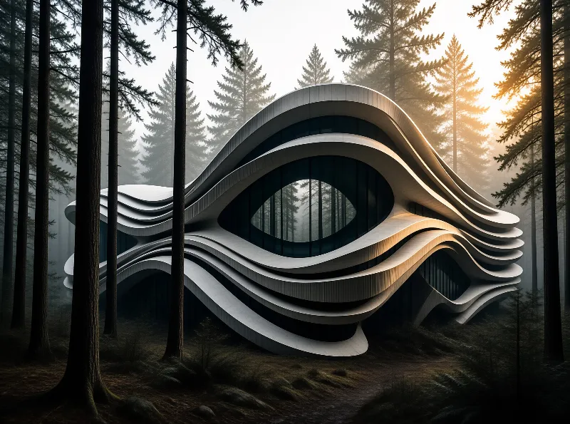 Futuristic white structure with layered curves sits amidst pine trees while golden sunlight filters through the mist.
