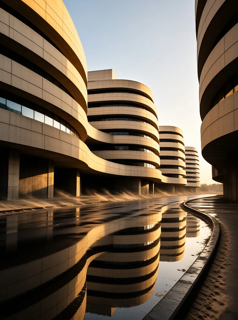 Streamlined architecture lines curve above a glossy wet ground mirroring warm evening light.