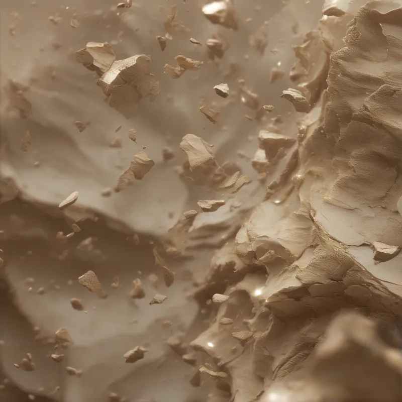 A detailed view of brown earthy material with flakes peeling away and suspended in mid air.