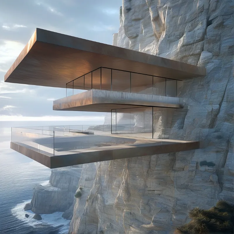 A tiered wooden platform projects from a sheer white cliff overlooking blue ocean waters under a bright sky.