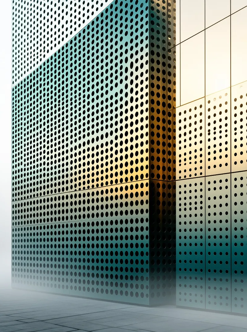Perforated metal panels with round holes catch golden light on the right and shift to cool teal on the left.