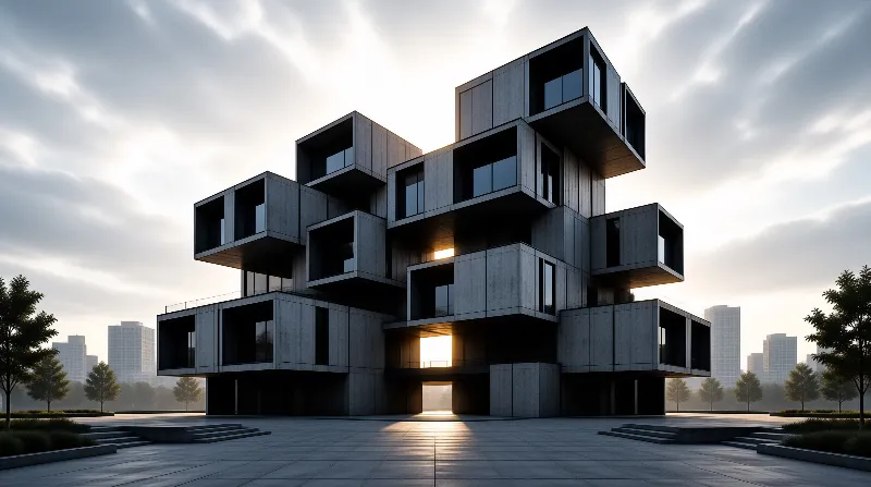 Raw concrete boxes form a geometric building where evening sun beams through the central void.