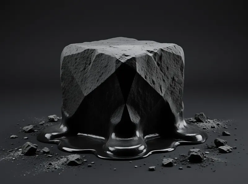 A porous stone cube partially liquefies into a glossy black pool amid scattered debris under dramatic low-key lighting.