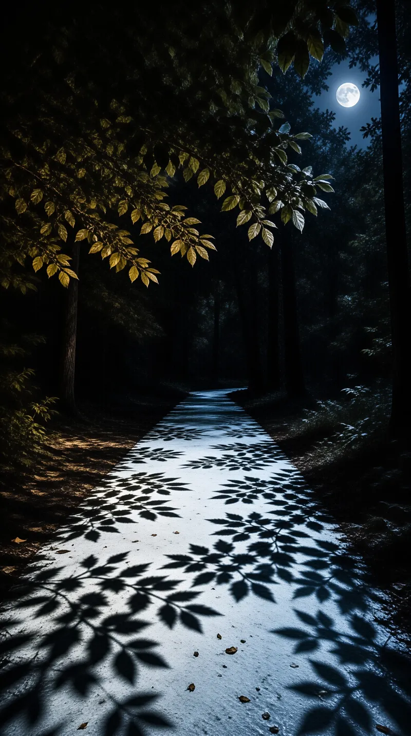 A straight road winds through a dark wood as a full moon casts distinct leaf shadows across the surface.
