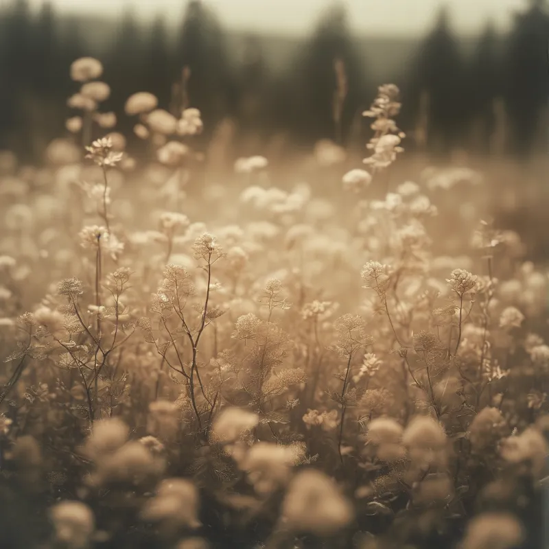 Delicate wildflowers fill a meadow with soft warm lighting and a blurred dark forest background.