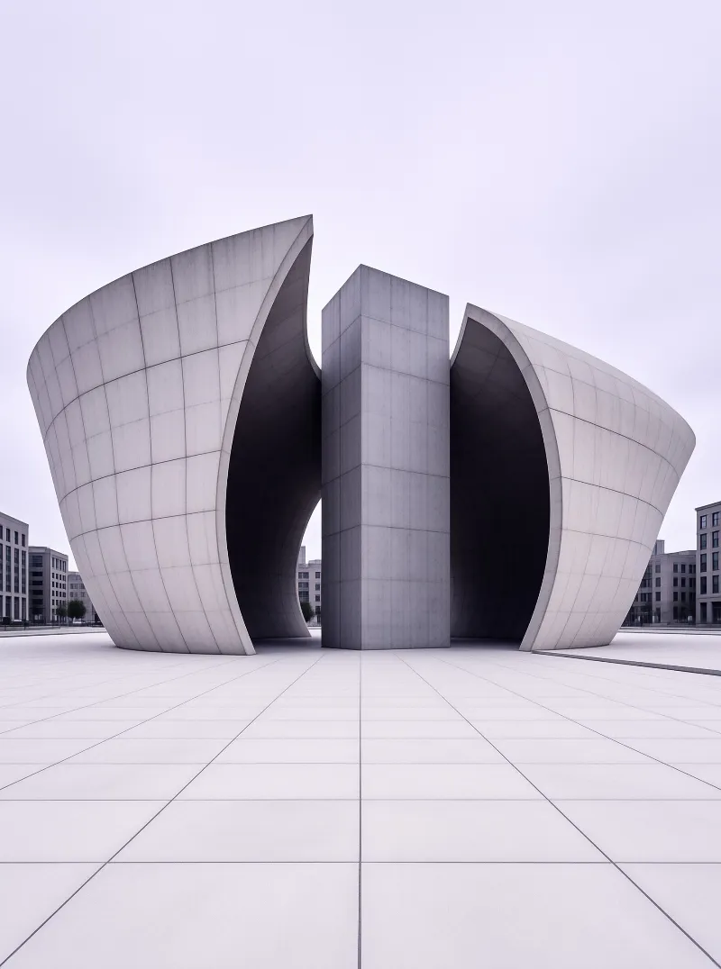A massive grey building with curved wings stands symmetrically on a tiled square beneath cloudy overcast light.