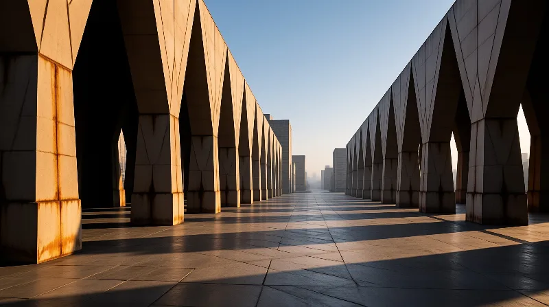Symmetrical angular structures form a corridor where low sunlight projects geometric patterns across the smooth stone floor.