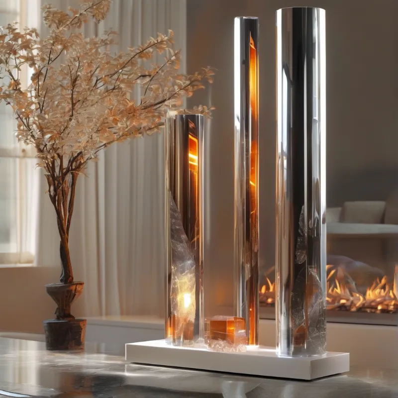 Three vertical transparent pillars containing warm amber light rest on a white base beside dried branches.