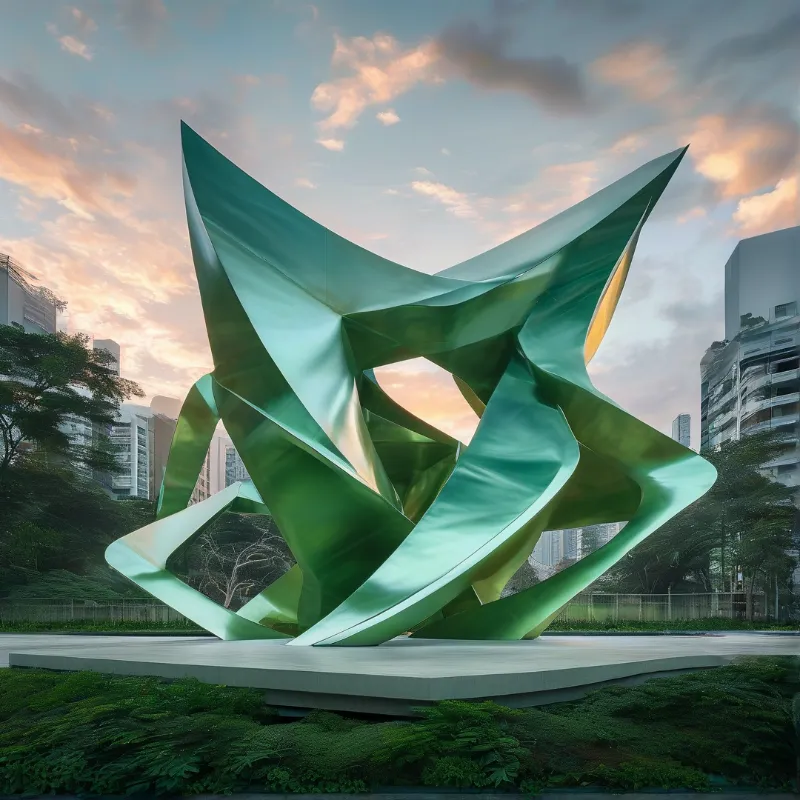 A large angular green metal artwork stands on a concrete base in a lush city park during a warm sunset.