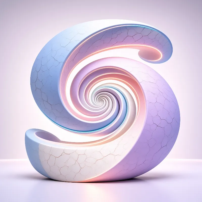 A cracked earth spiral sculpture glowing with pastel gradients against a plain lavender studio background.