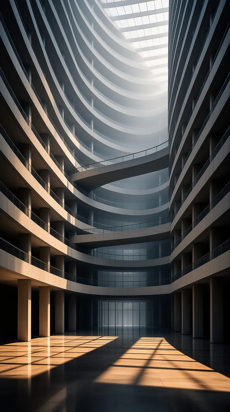 A vast curved interior features spiraling balconies rising toward a skylight, casting geometric shadows on the floor.