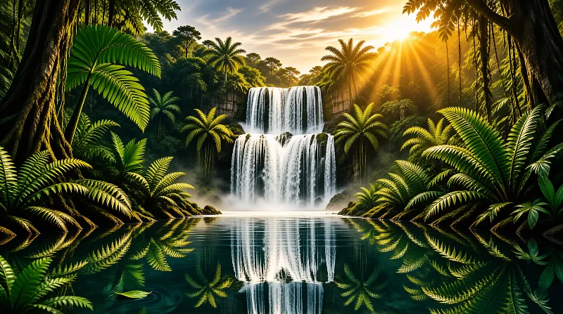 Stepped waterfall flows into calm reflective pool fringed with ferns and palms as sunbeams stream through jungle canopy