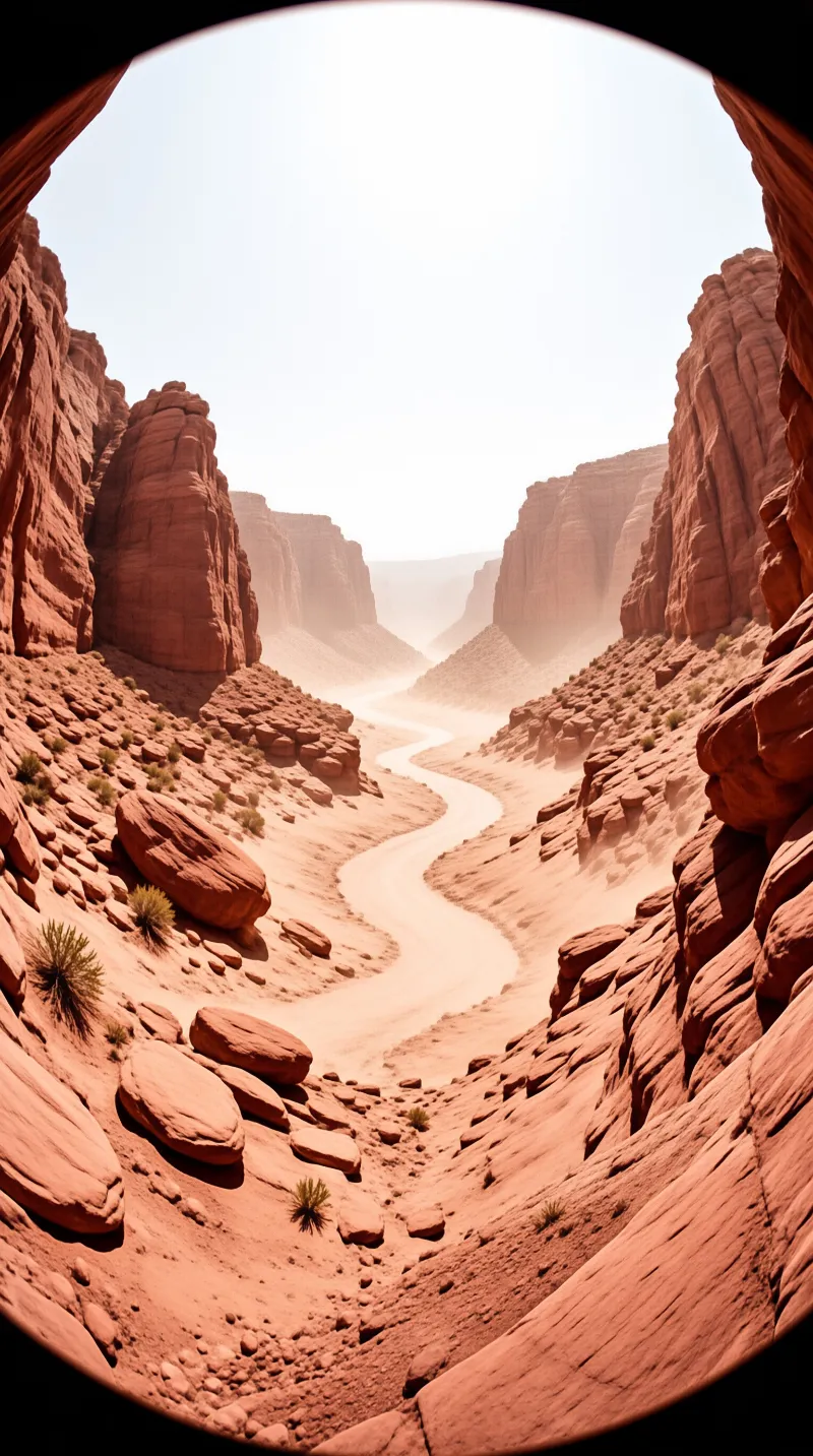 A winding sandy river curves through reddish arid canyon slopes dotted with small desert shrubs under bright hazy light.