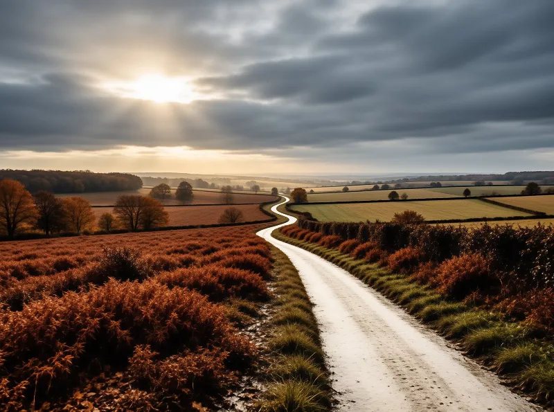 A winding dirt track curves through countryside fields while sunlight streams through the heavy clouds.
