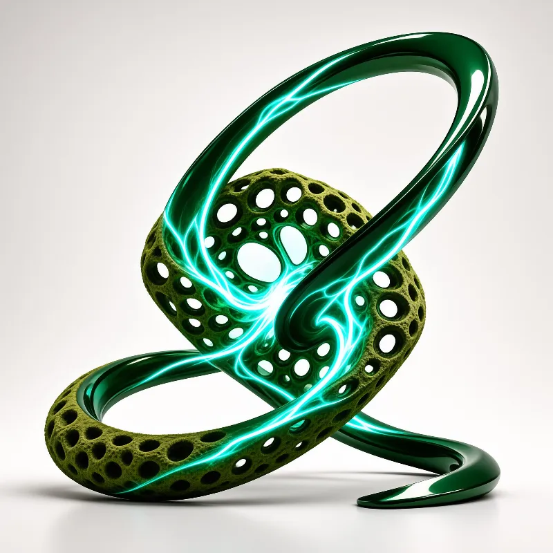 A smooth green ribbon with glowing cyan veins entangles a rough, hole-ridden olive sphere on a white background.