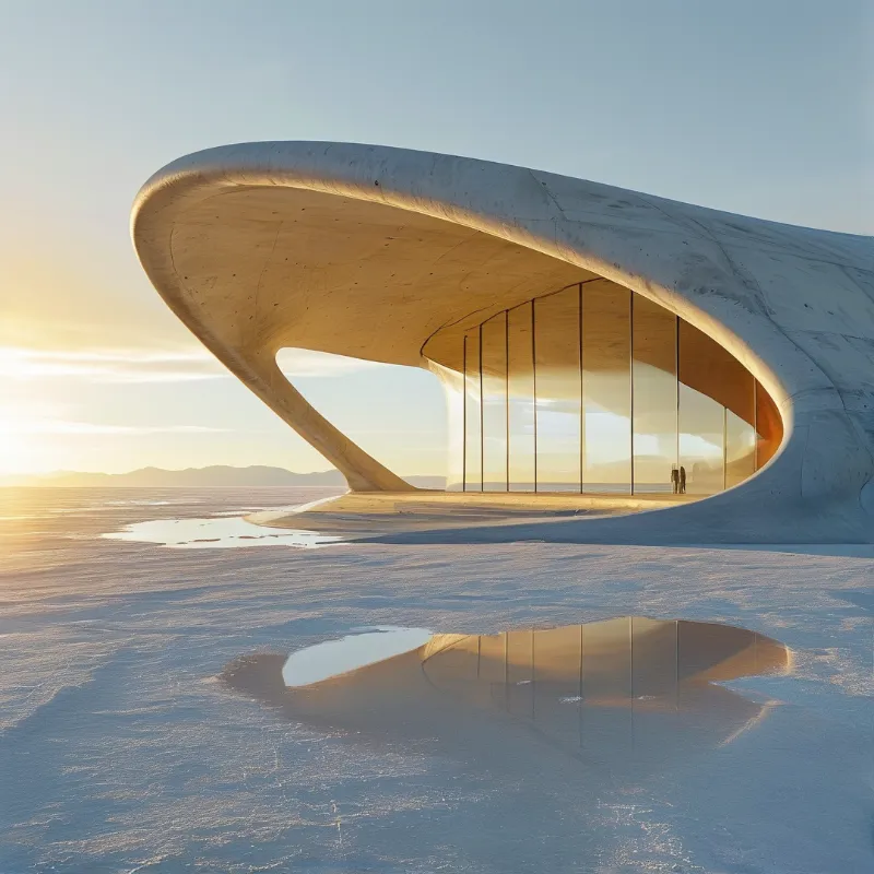 Curved concrete shell building sits on a white salt flat reflecting golden sunset light in nearby puddles.