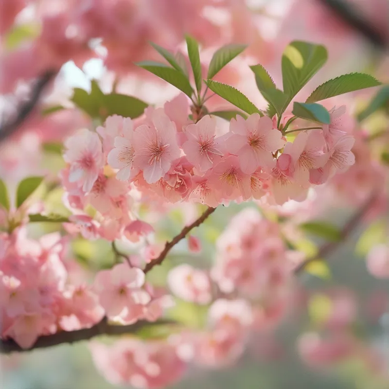 Soft pink sakura blossoms cluster on a branch with fresh green leaves in bright spring light.