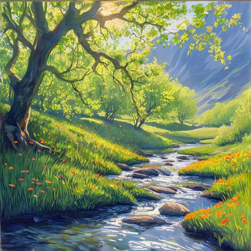 A large oak arches over a bouldered creek as bright sunbeams shine through lush green leaves and orange wildflowers.