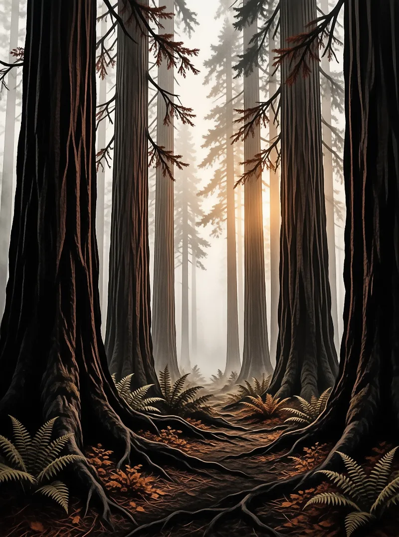 Tall thick-trunked redwoods line a forest path, with sunbeams breaking through pale haze between their towering dark trunks and sprawling exposed roots.