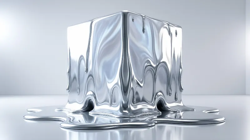 A shiny silver cube made of liquid metal melts onto a white reflective floor under bright studio light.