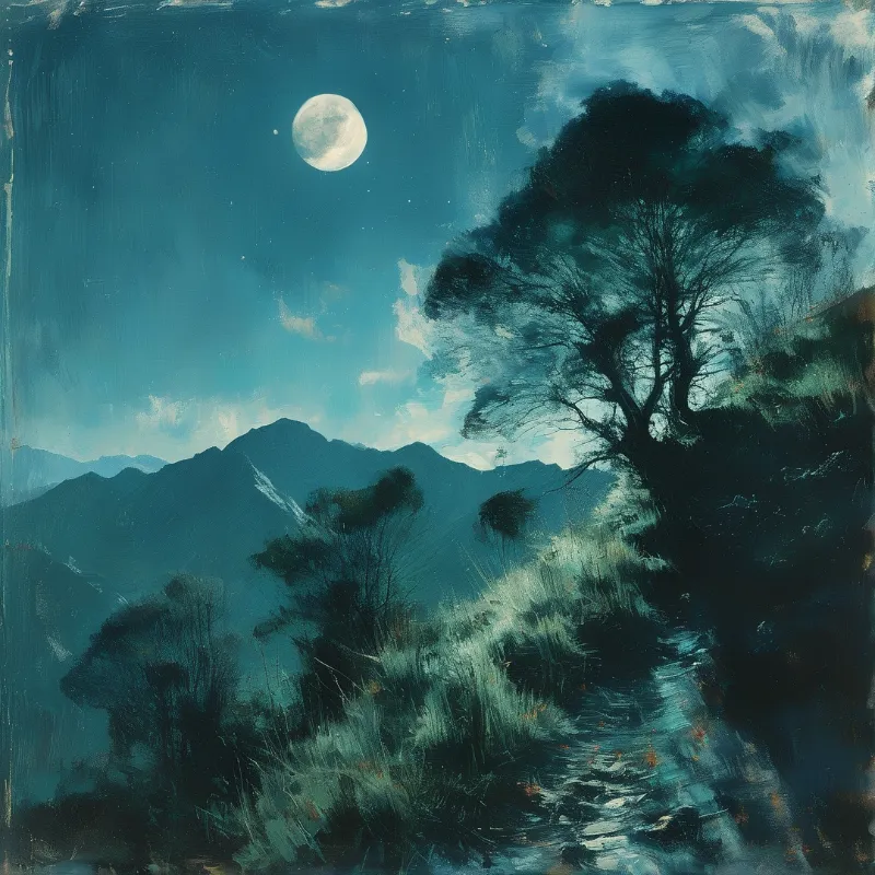 A bright full moon hangs in the sky above a dark mountain range and a large tree