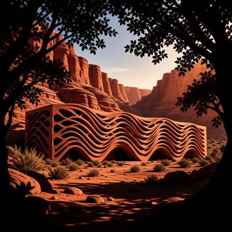 A undulating sand colored structure rests in a rocky desert valley framed by dark foliage.