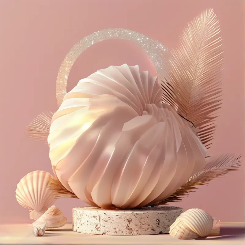 A large pale pink pleated shell sits on a stone base surrounded by dry leaves and smaller shells in a pastel setting.
