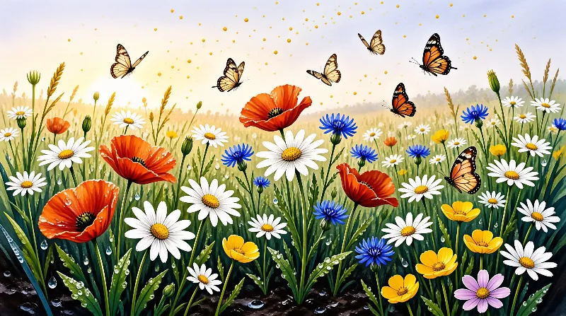 Red poppies and white daisies dot a green meadow while orange butterflies soar through the bright golden light.