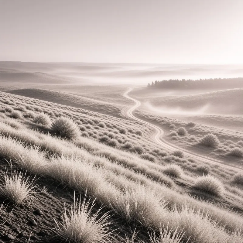 A curving unpaved path cuts across dry grassy terrain under soft sepia tones with fog obscuring the distant treeline