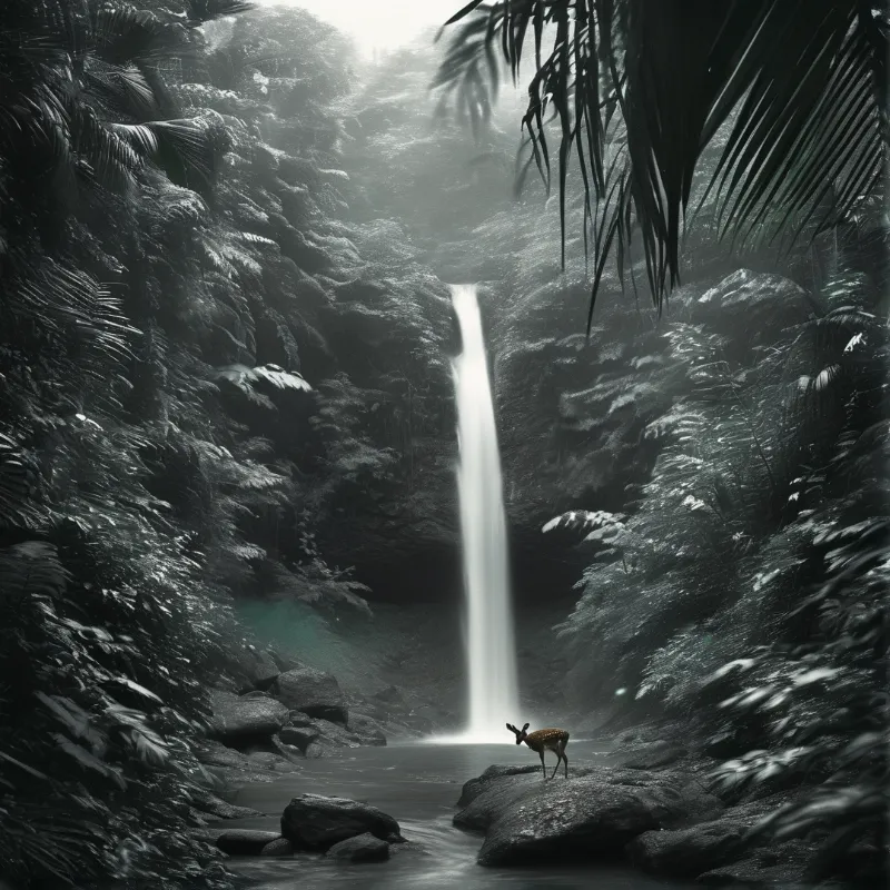 A spotted animal rests on a stone beside a falling stream in dimly lit dense vegetation.