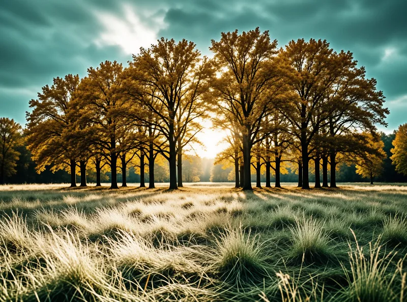 A row of amber canopies frames a gap of bright sun over tufted grass under a heavy teal storm sky.