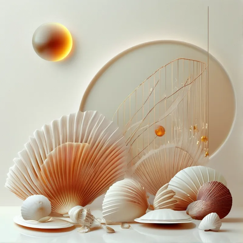 An arrangement of ridged scallop shells in cream and coral rests before a glowing amber orb and round backdrop.