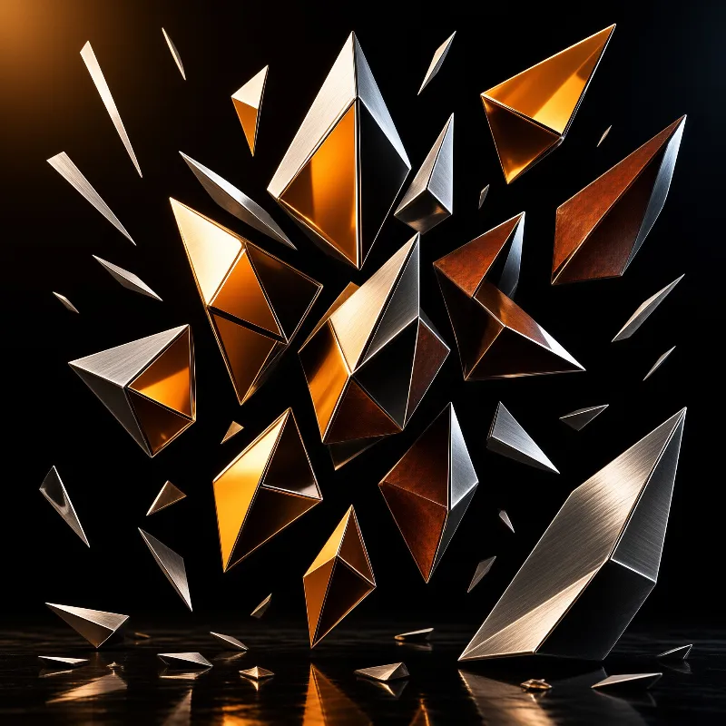 Sharp metallic geometric shapes burst outward against a black background illuminated by warm directional light.