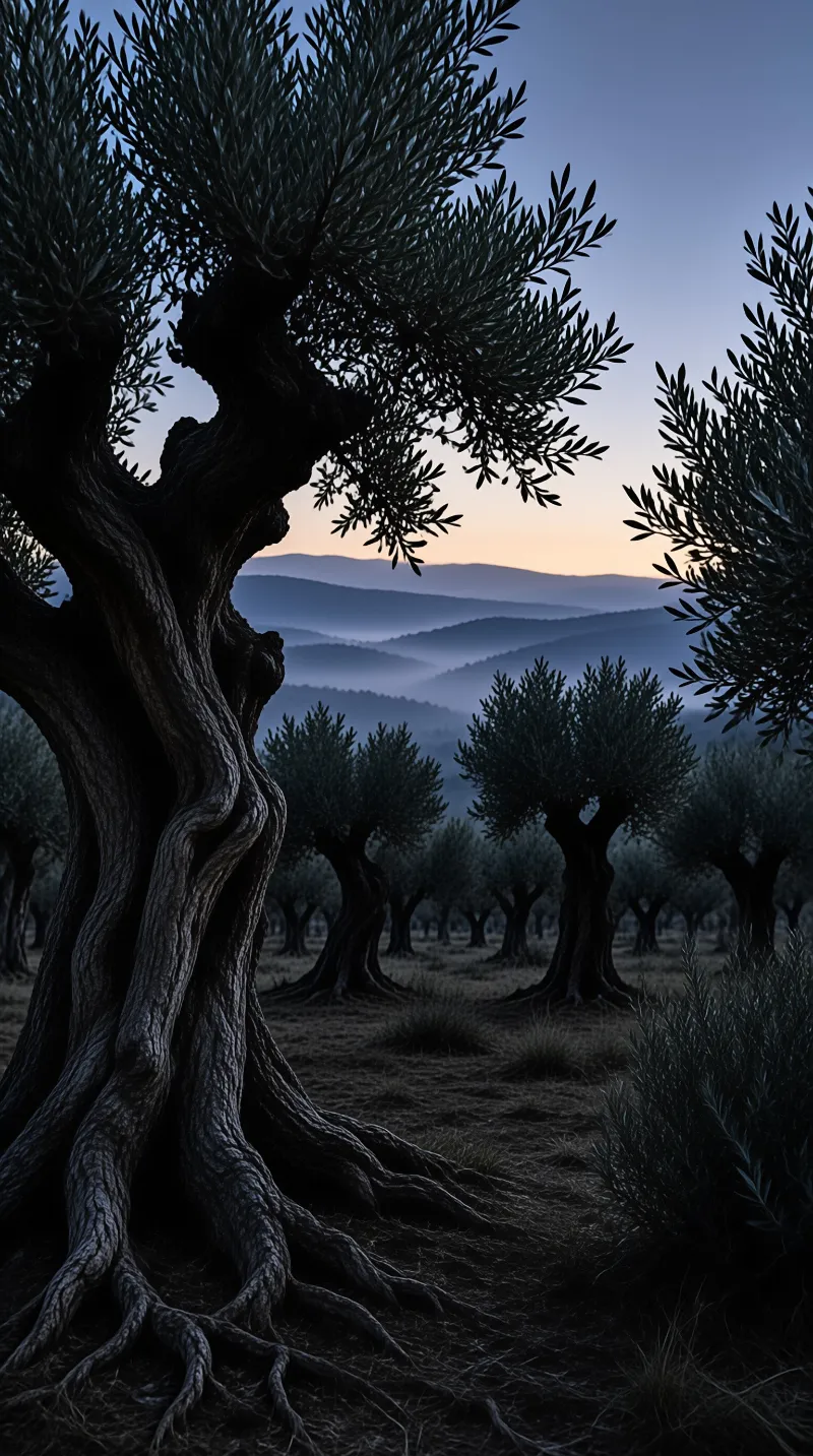 Gnarled olive trees stand in the foreground under a twilight sky fading from blue to orange above misty mountain ridges.