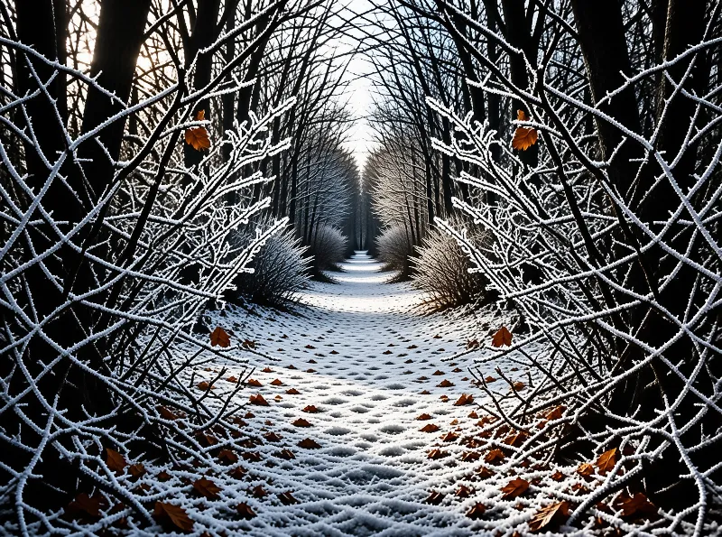 A path winds through a forest where branches are coated in thick white frost, creating a tunnel effect lit by distant sunlight.