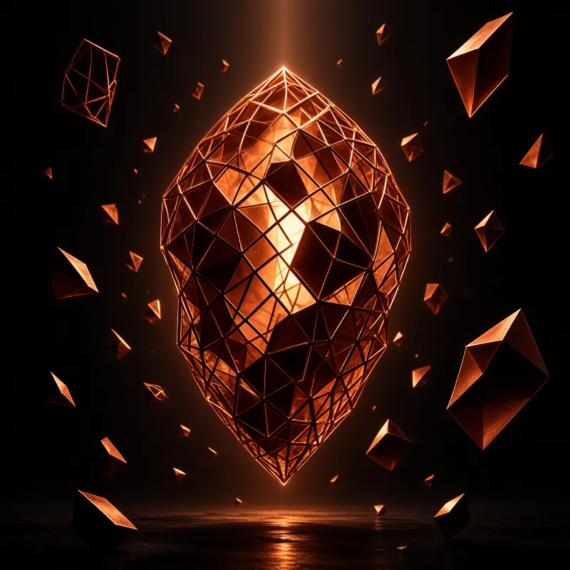A luminous polyhedral form hovers in darkness surrounded by scattered geometric fragments reflecting warm amber tones.