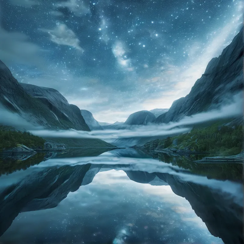 A serene lake mirrors the starry night sky and rugged mountains in a symmetrical composition.