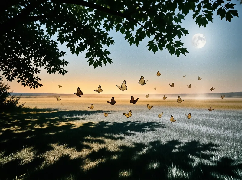 A swarm of orange insects glides above dewy grass beneath silhouetted leaves and a bright celestial sphere.