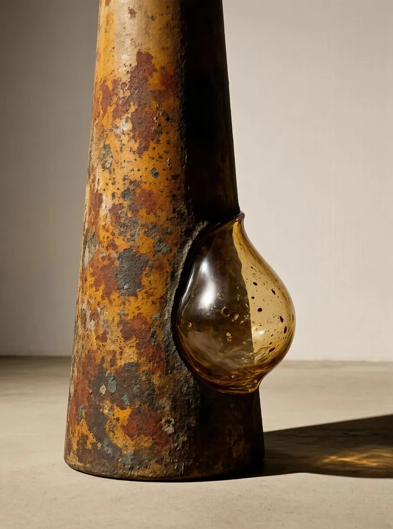 A tall rusted cone-shaped vase with an amber glass bulb attached sits on a light-colored surface, lit by soft light that casts a shadow