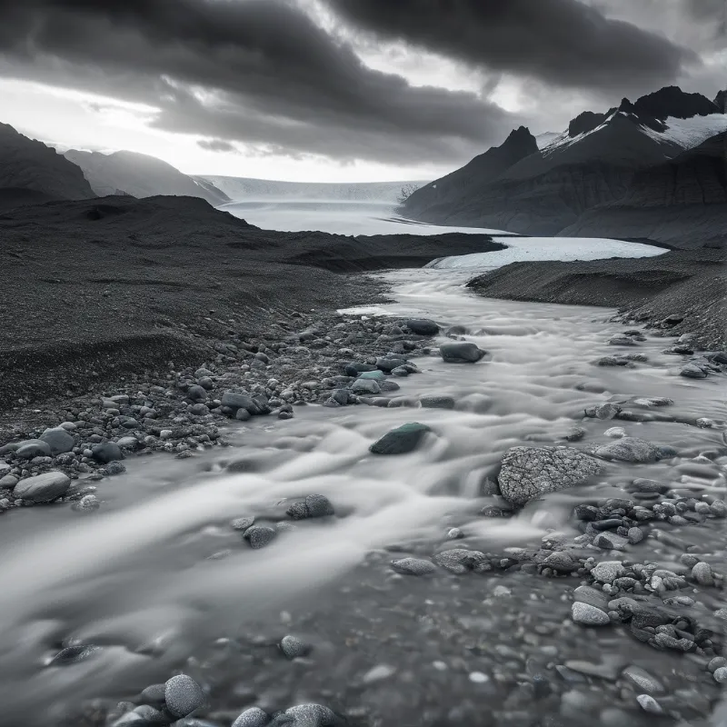 A silvery glacial meltwater river winds over smooth stones toward a distant ice field under heavy monochrome clouds.