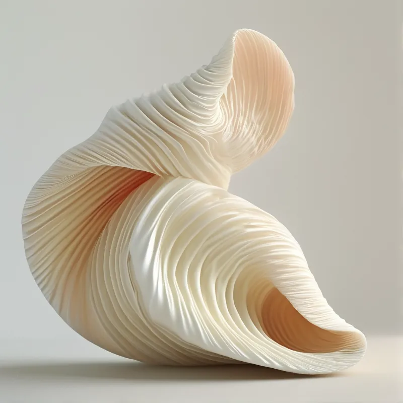 A white spiral shell sculpture with ribbed textures sits on a neutral surface under soft lighting.