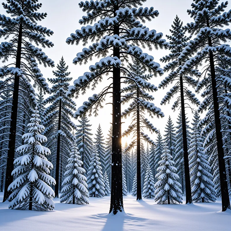 Tall firs heavy with white snow stand in a bright clearing as low sun glows between their dark trunks.