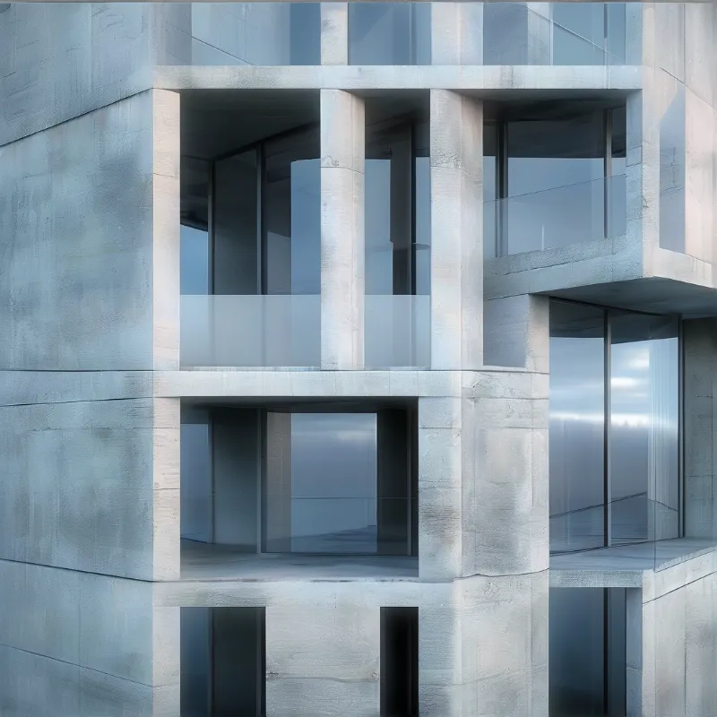 A modern building exterior showing grey concrete walls with large recessed glass windows and balconies reflecting the sky.