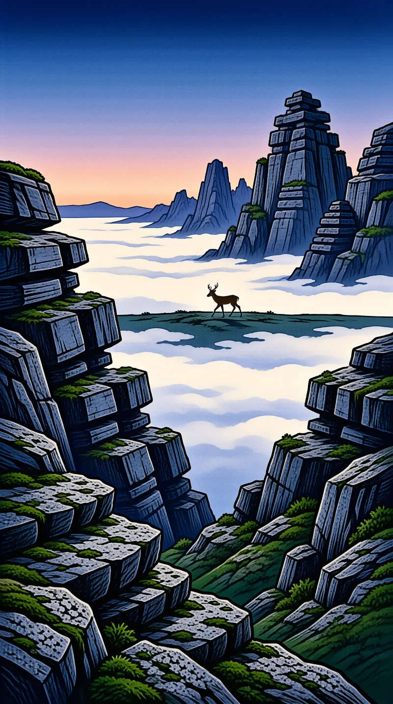 A stag walks across a high ridge above a sea of clouds, framed by steep mossy cliffs under a sunset gradient sky.