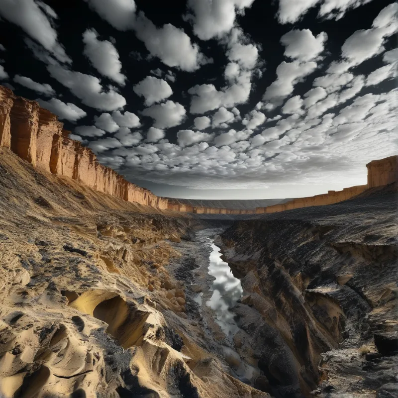 A wide angle view of a rocky canyon gorge featuring a reflective stream beneath a sky full of scattered white clouds.