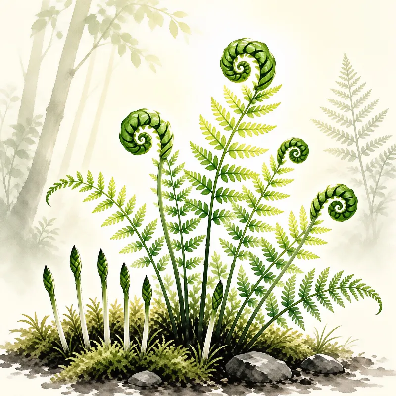 A watercolor painting of fern fiddleheads unfurling above mossy ground and rocks in soft misty forest light