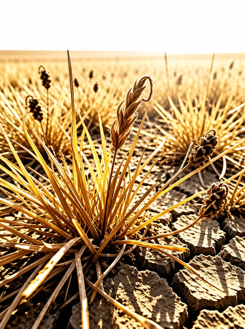 Warm sunlight highlights a clump of dry grain emerging from parched cracked soil in a vast field.