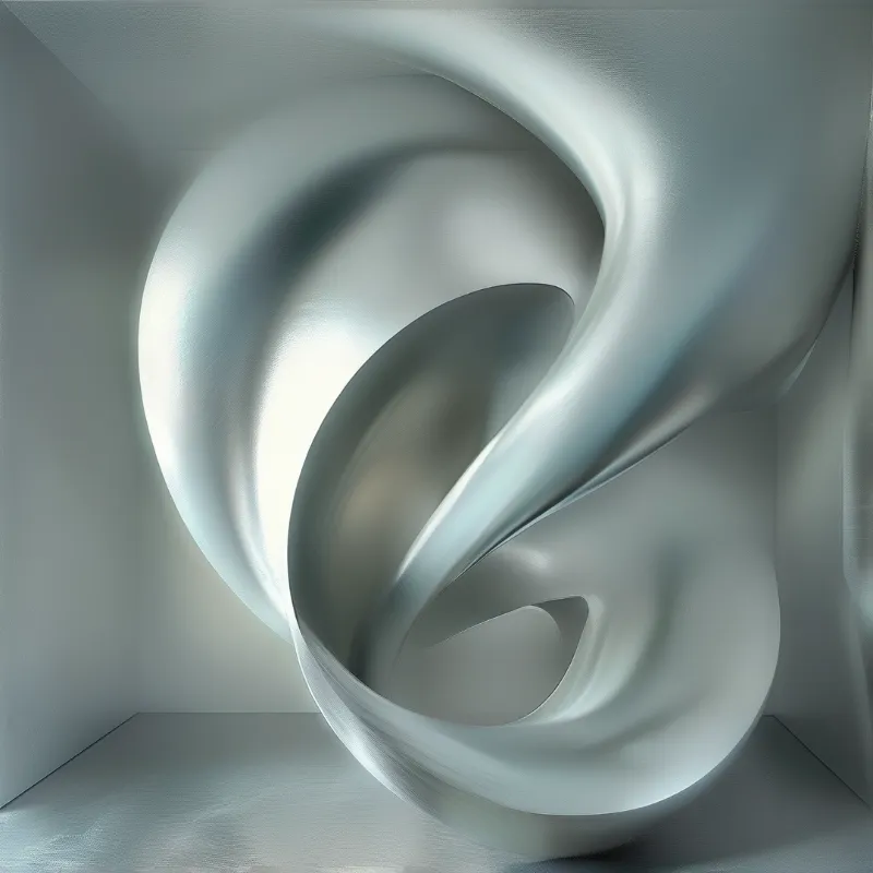 A silvery abstract sculpture with smooth curves stands in a minimalist gray room under soft lighting