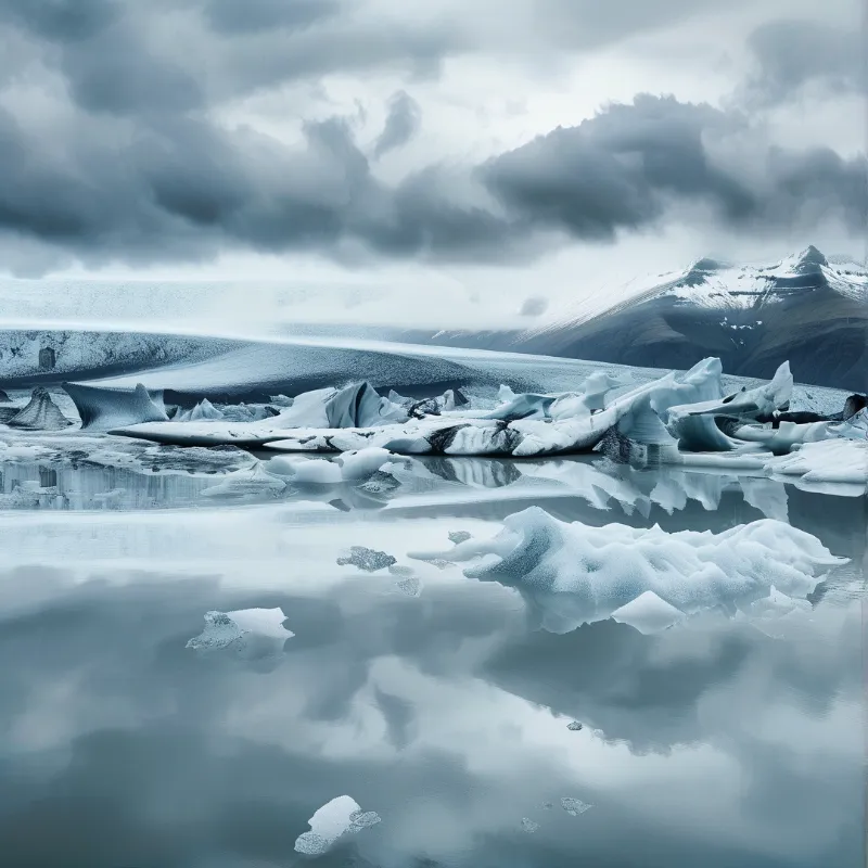 Large ice chunks drift across calm water while snow covered hills rise beneath a thick layer of grey storm clouds.
